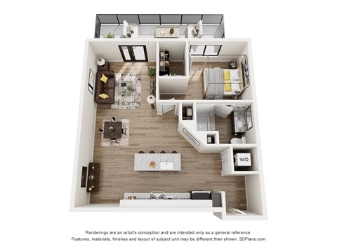 Floor plan for 1 bed, 1 bath, 882 sqft